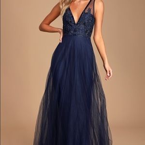 NWT Lulu’s Legendary Evening Navy Lace Maxi Dress